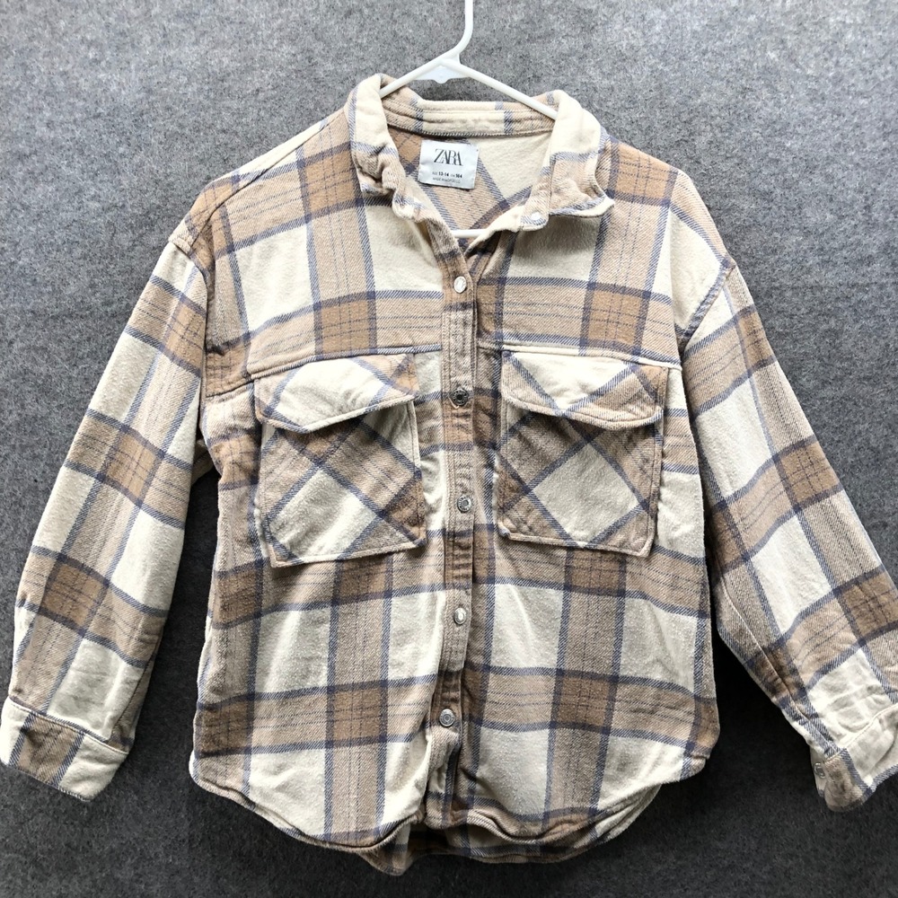 Zara Plaid Shacket Kids 13-14 Tan Cream Flannel Shirt Jacket Cotton Boys Girls